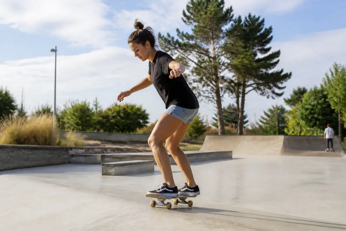 Jeune femme pratiquant le skateboard dans un skatepark en plein air, entourée de verdure et de ciel dégagé.