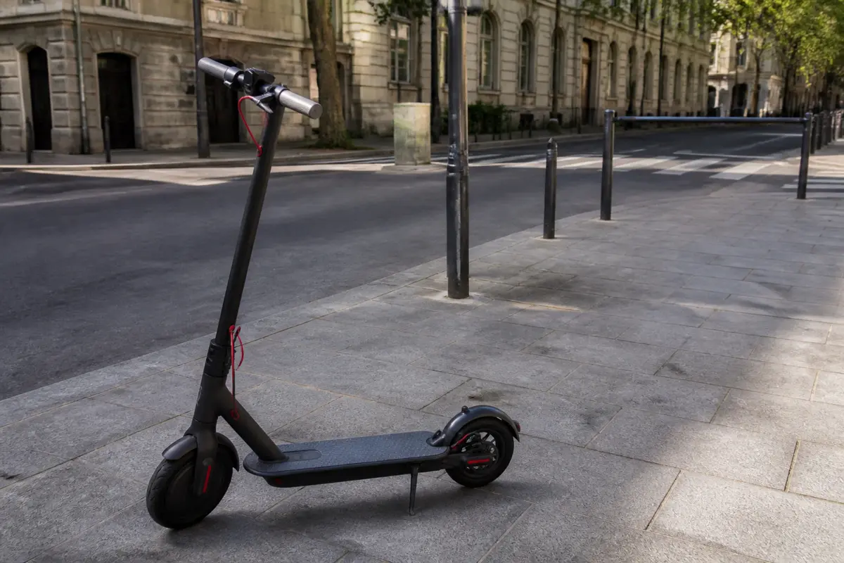 Trottinette électrique stationnée sur un trottoir en pierre, vue urbaine en arrière-plan avec bâtiments classiques.
