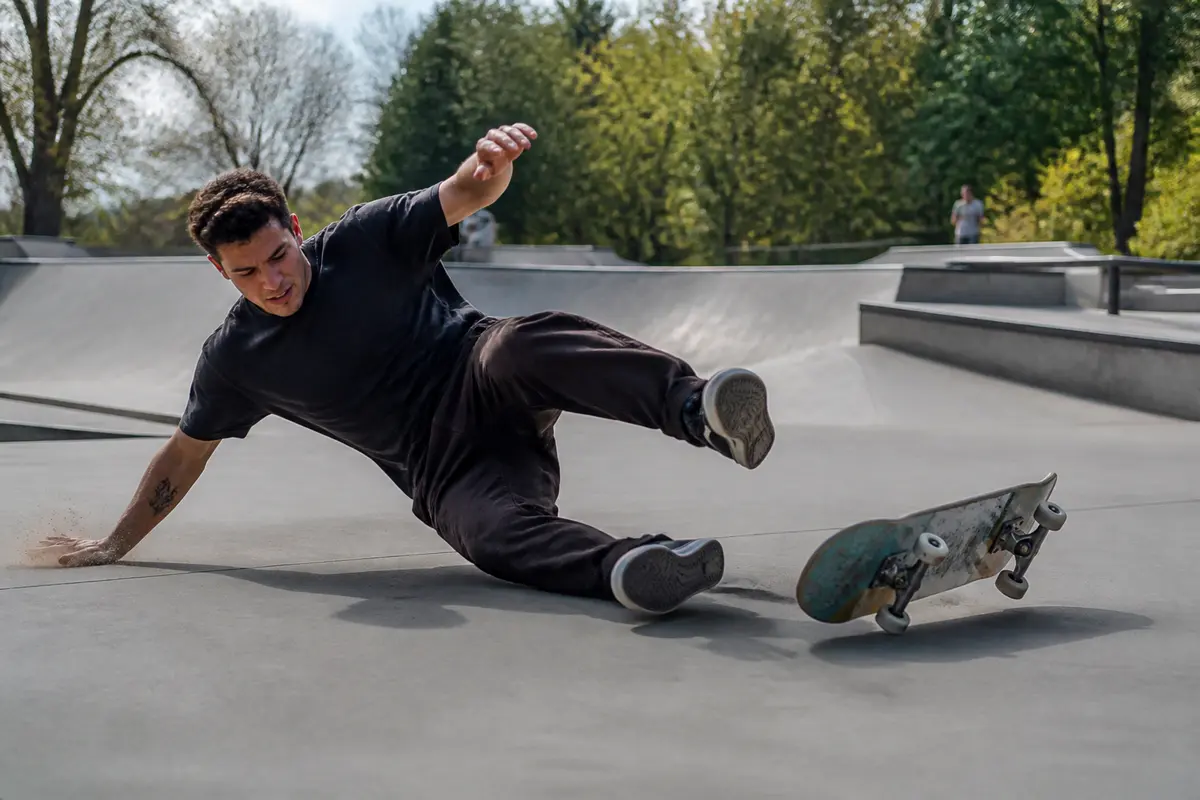 Un skateboardeur tombe au sol dans un skatepark en plein air, planche s’éloignant.