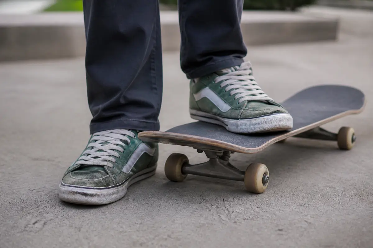 Personne portant des chaussures vertes usées sur un skateboard sur le trottoir.