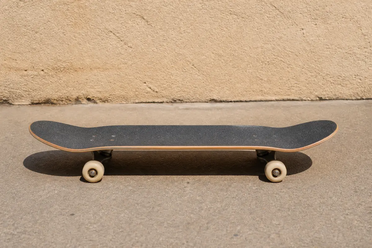 Planche de skateboard noire sur sol en béton avec ombre, mur beige en arrière-plan.